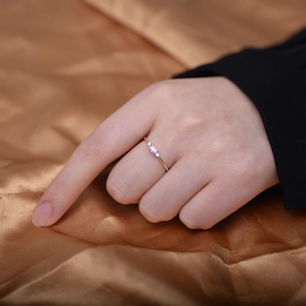 Изысканное высокое качество 925 стерлингового серебра 14k позолоченное кольцо Экстра узкое винтажный Стиль Овальный розовый CZ для женщин и девочек