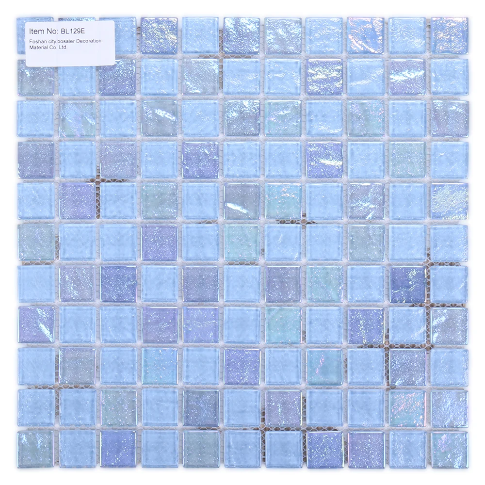 Swimming pool hotel bathroom mosaic tile Foshan square crystal iridescent light blue glass mosaic