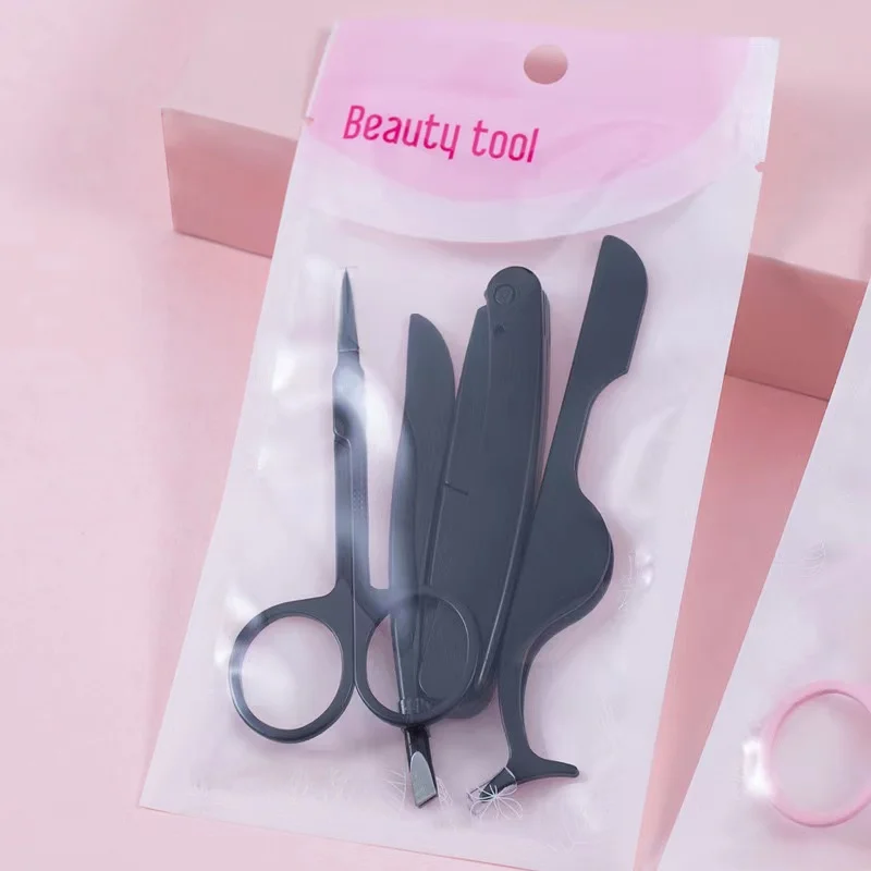 4pcs Professional Eyebrow Trimming Tool Set Eyebrow Scissor and Tweezers Eyebrow Razor Brow Tools Kit Black