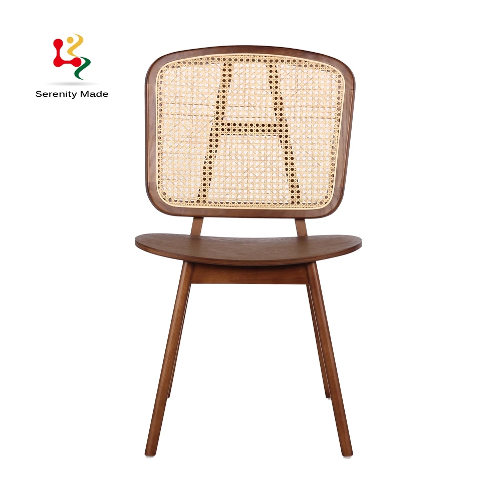 Special design Ming style brown ash wood caned wide dining chair for restaurant use