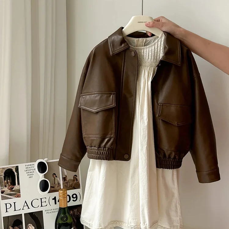 2023 fashion design little baby girl PU leather coat infant toddler kids solid brown jacket clothing boutiques 617