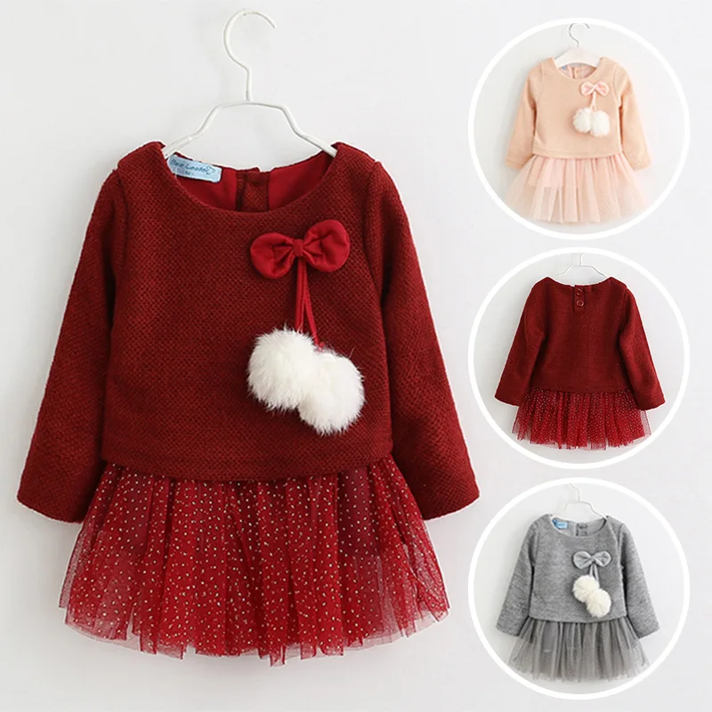 
autumn cotton venonat sleeve o-neck bow sequins mesh hem princess dresses for baby girl 
