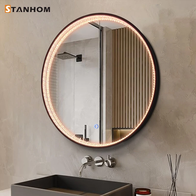 STANHOM Round Automatic Anti Fog Aluminium Framed Crystal Acrylic Diffuser LED Mirror