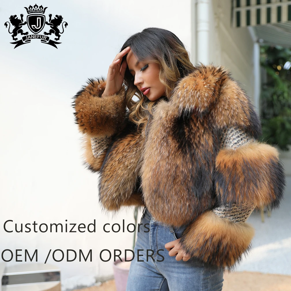 New Arrival Fashion Luxury Cashmere With Natural Raccoon Fur Coat For Women UK Genuine Cropped Fur Jacket