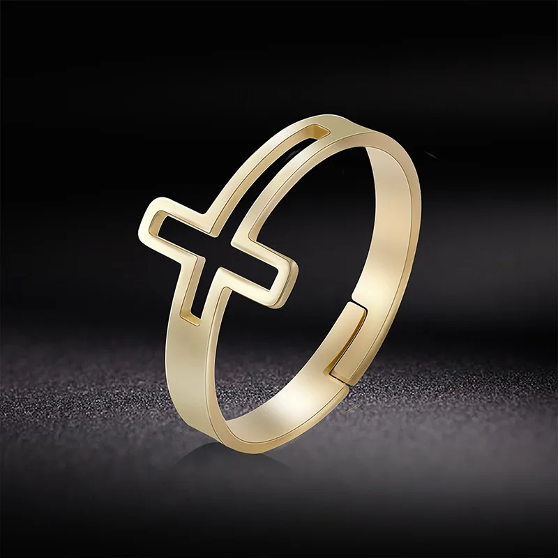 G3224 Wholesale Stainless Steel Simple Gold Plated Open Adjustable Religious Hollow Cross Finger Ring Fashion Jewelry Rings