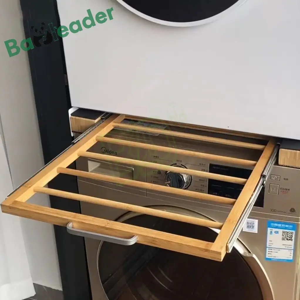 Bamboo Stacking Kit for Washing Machines and Dryers With Sliding Shelf Bamboo Washer Dryer Stacking Set Rack with Ratchet Strap