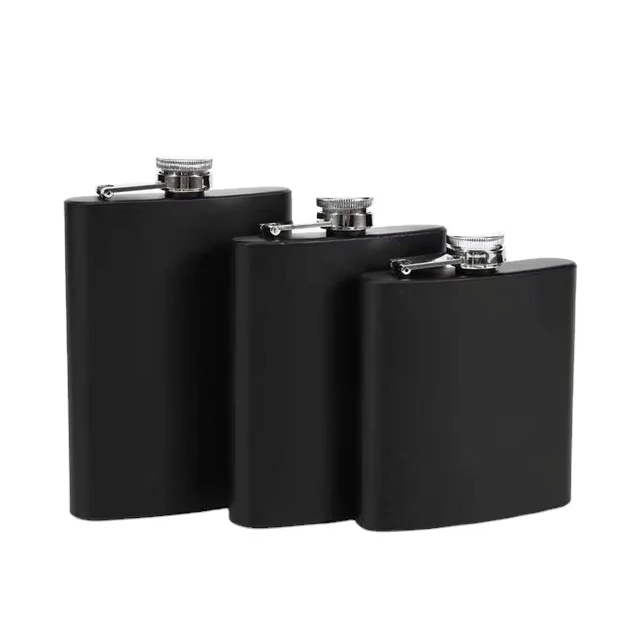 
small Moq Customized OEM color logo packing 6oz metal stainless steel matte black whisky hip flasks gift set 