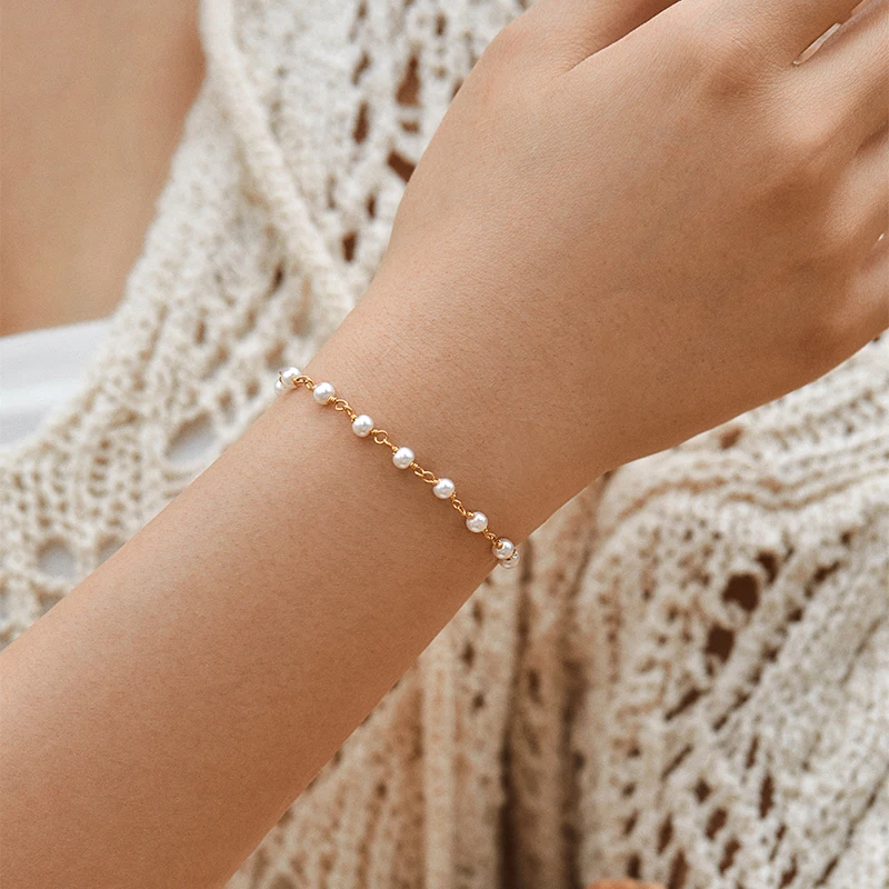 Charm Boho Style Jewelry Brass 18K Gold Minimalist Delicate Pearl Chain Adjustable Length Bracelet for Women Wholesale