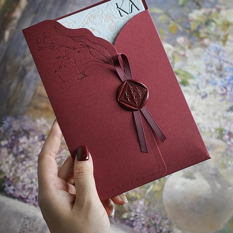 French Wedding Invitation Customized Engraved Cards with Bellflower Design for Invitation Letter