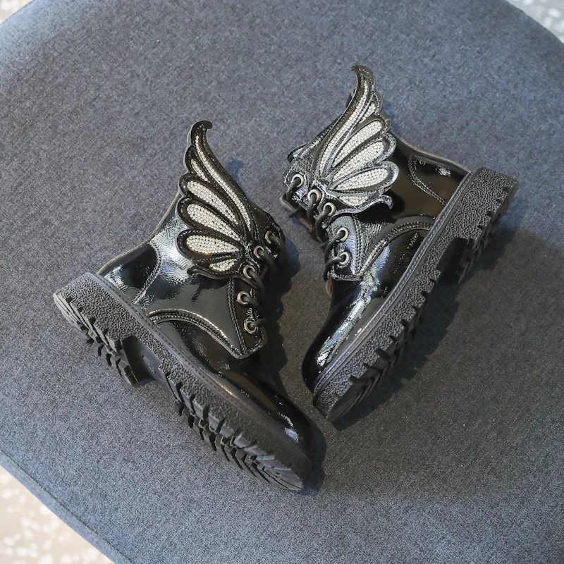 Children Shoes Fashion Black Patent Leather Toddler Girls Kids Wing Boots