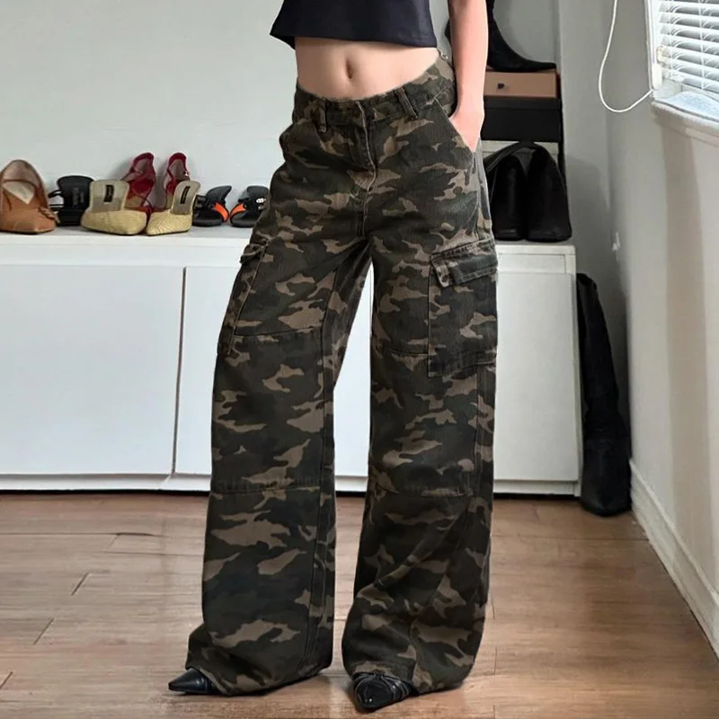 Workwear Style Camouflage Multi-pocket Loose Jeans Women Street Cool Low Waist Slimming Trousers