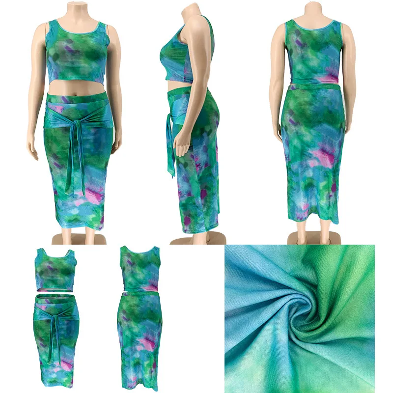 Women Plus Size Boob Tube Sexy Top Dress Hip Lifting Tie-dye Color Two Piece Set Outfits Women Long Maxi Dress