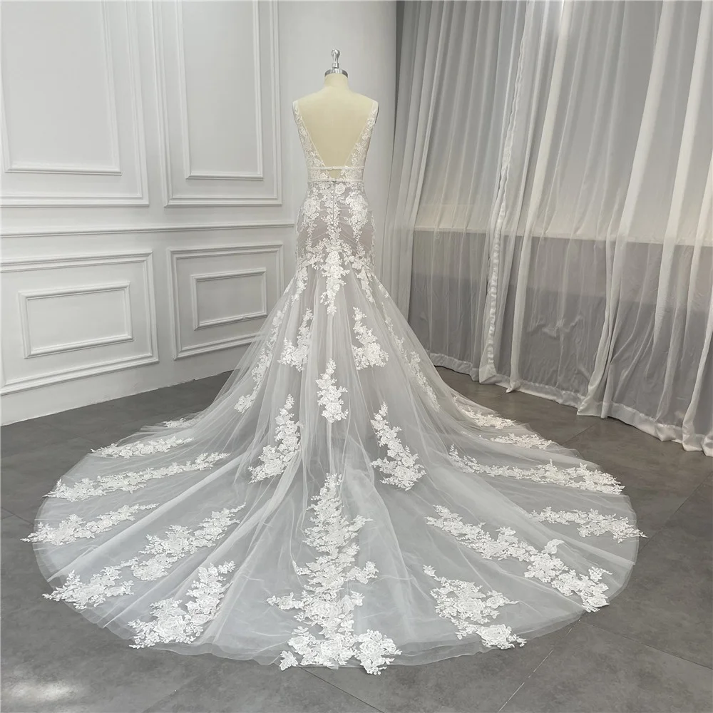 Women Mermaid Sleeveless Sequins Lace Champagne Detachable Belt Wedding Dress