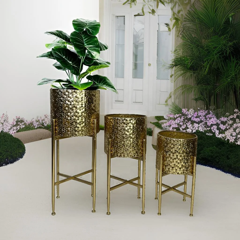 Lander Set of 3 Modern Luxury Gold Tall Floor Planters with Stands Elegant Gold Metal Plant Pots