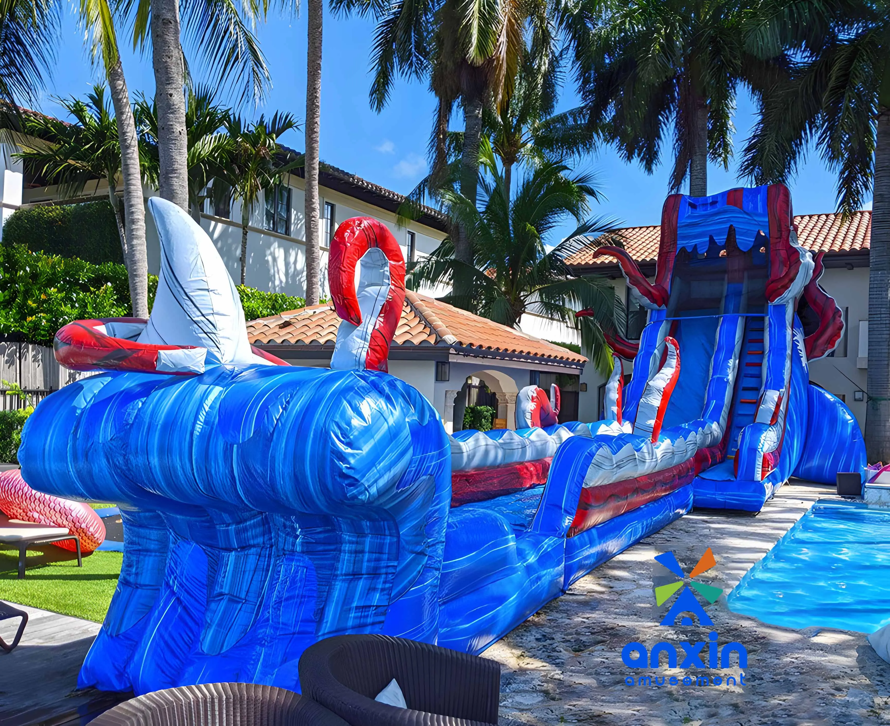 Large inflatable water slide red and blue color octopus shape Chinese manufacturers made cheap hot selling style party amusement