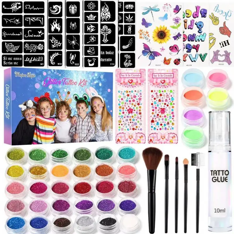 DIY Temporary Glitter Tattoos Kit for Kids 24 Glitter Colors Stencil Stickers Temporary Tattoo Toys