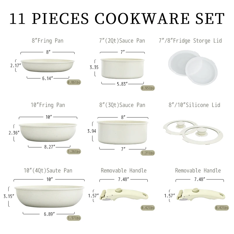 11pcs Pots and Pans Set Nonstick Cookware Detachable/Removable Handle Induction RV Kitchen Set Oven Safe Cream White