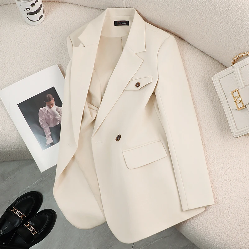 2024 New Little Man Burgundy Casual Suit Jacket Women High Sensitivity Korean Slim Double Breasted Button Long Spring Autumn