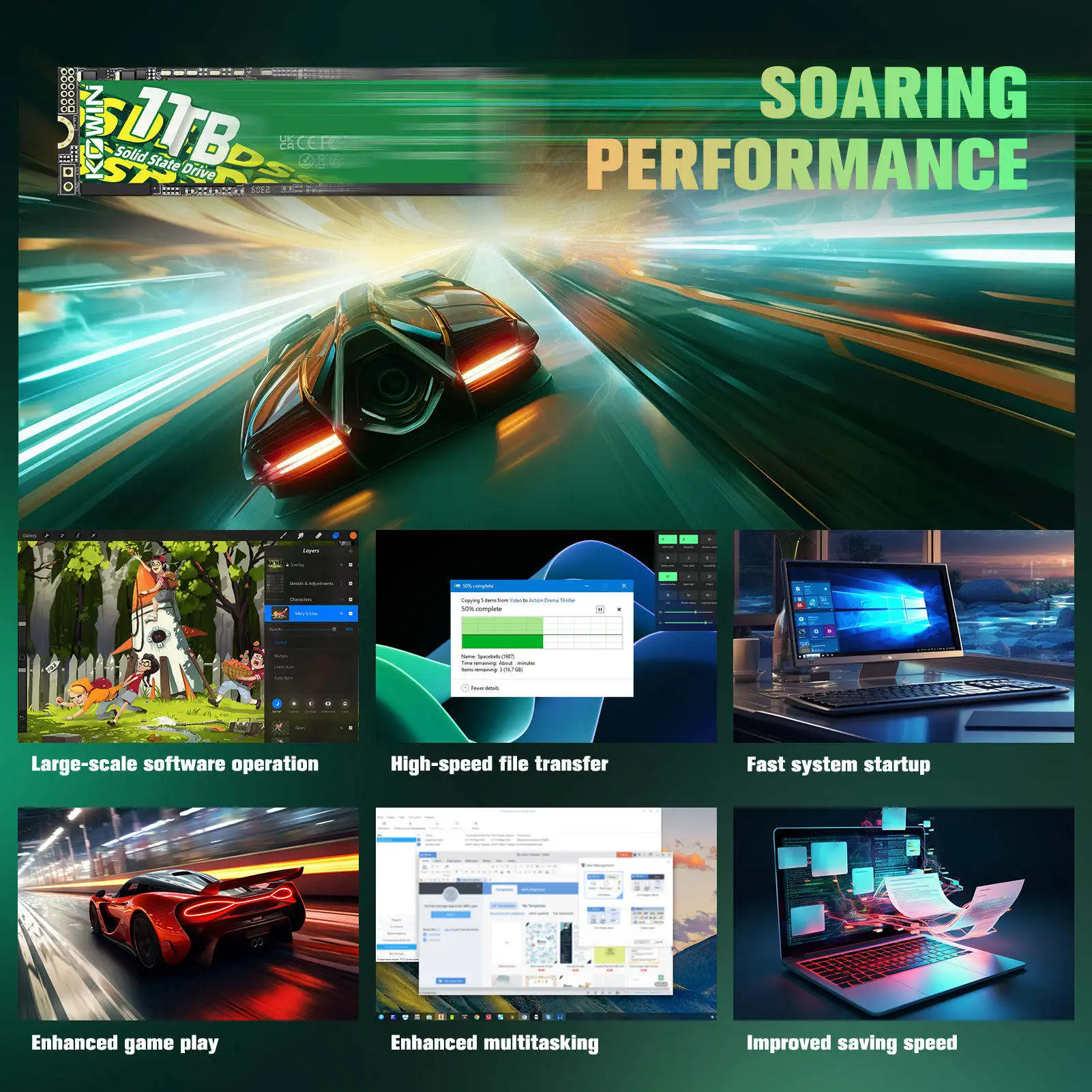 KOWIN Brand New CMS100 1TB  SSD Solid State Hard Drive 540MB/s Read Speed For Desktop