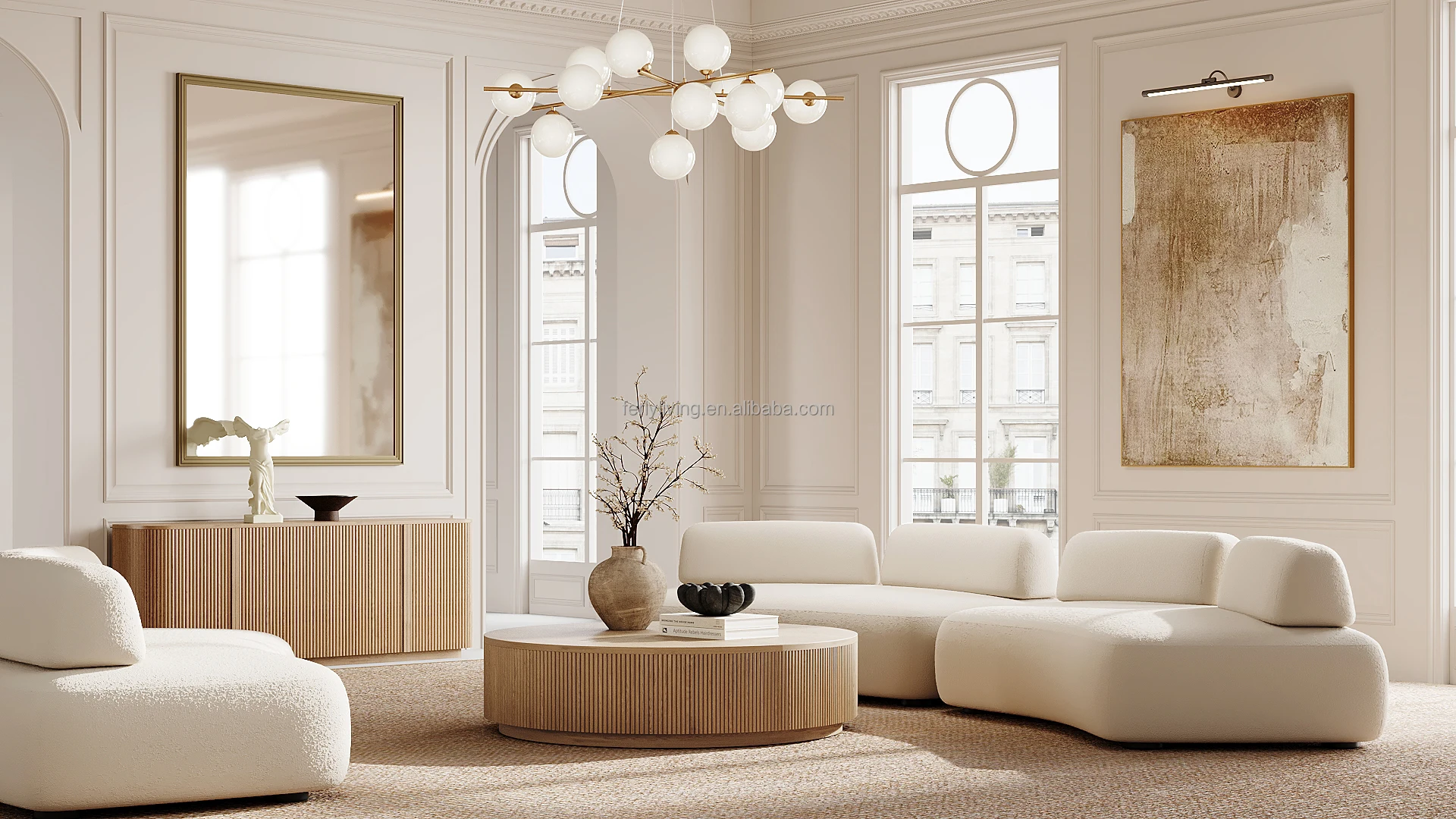 FERLY New arrival Living Room Furniture Set Rounded Curved Textured Matte Solid Plinth Round Coffee Table Sofa Set