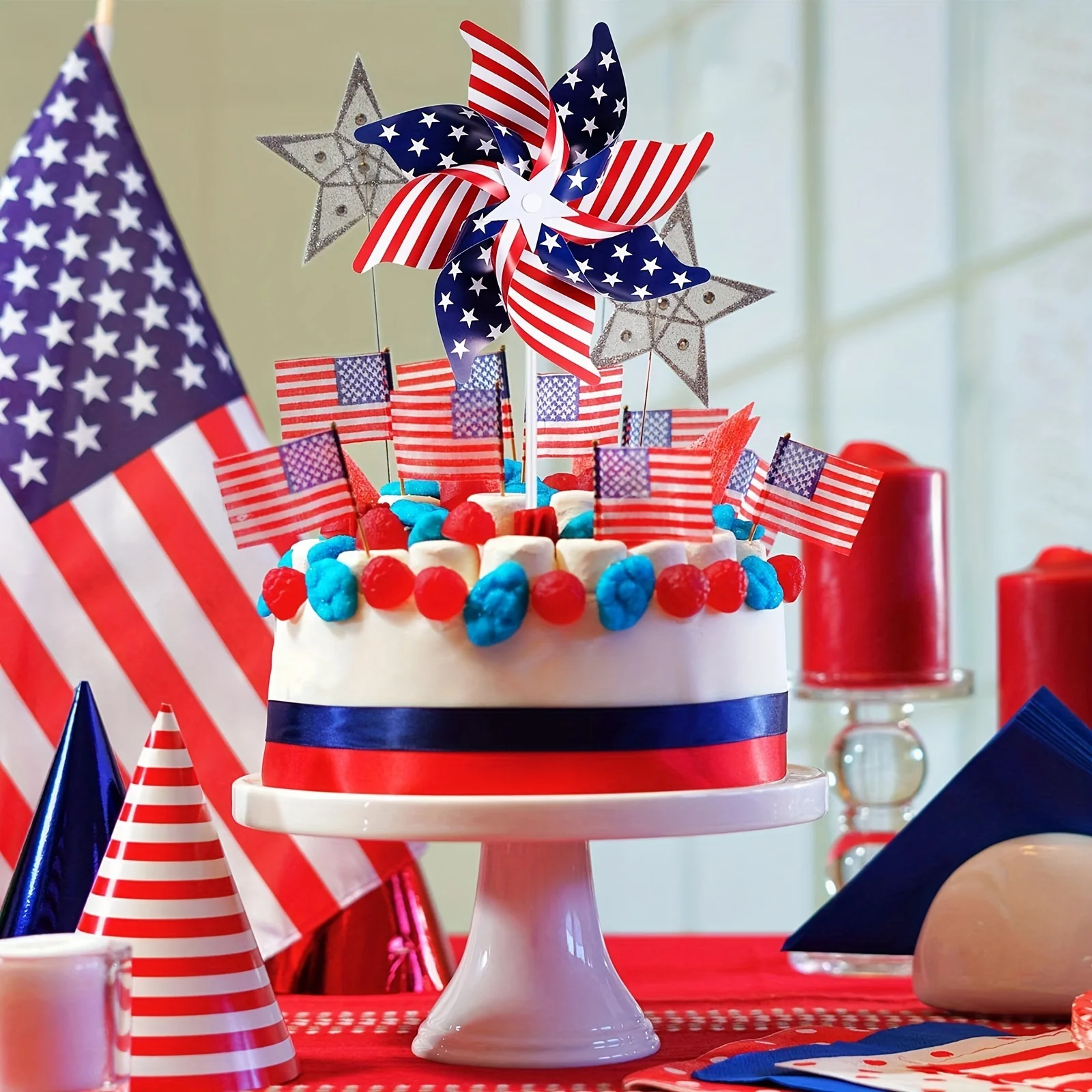 10pcs Stars And Stripes Pinwheels, 4th Of July Decor Patriotic Pinwheels Red, White And Blue, Independence Day Decor Party Favor