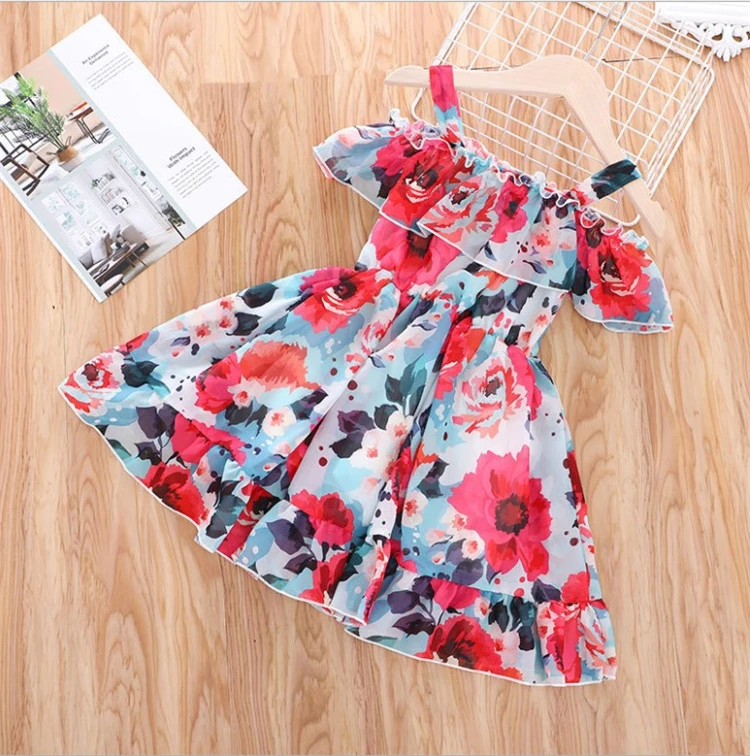 New Baby Girl Clothes Floral Printed Chiffon Children Strap Toddler Girls Dresses Summer 2021 Casual Princess Teenage Kids Dress