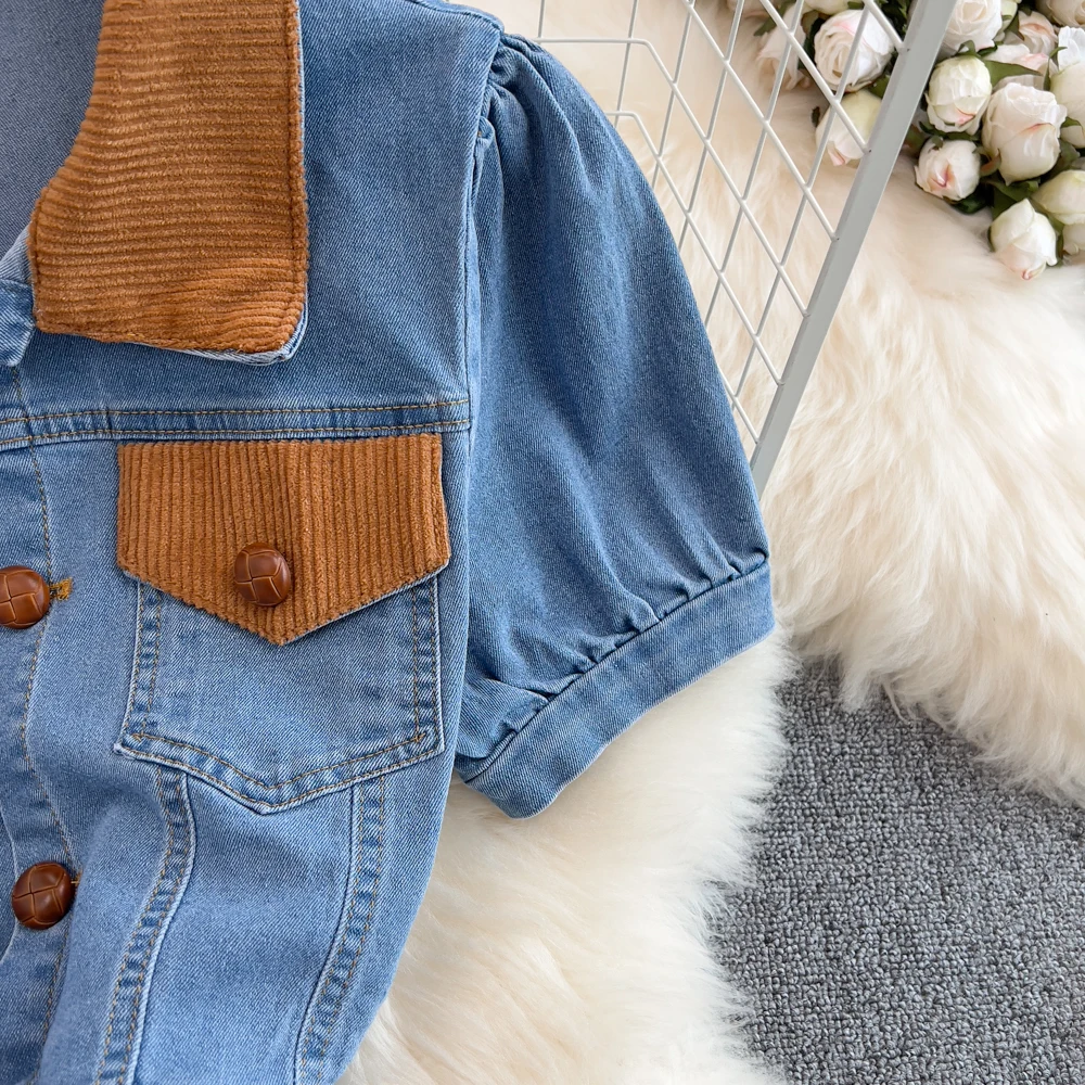 Custom 2022 Sweet Girls  High Street Patchwork Corduroy Polo Collar Denim Short Designer Dresses Women With Puff Sleeve Top
