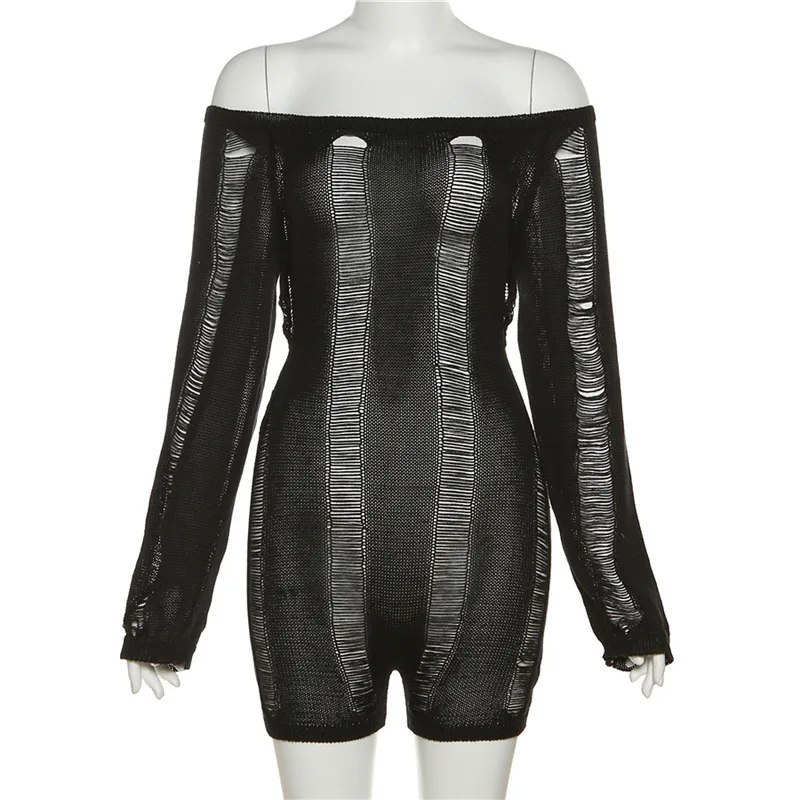 2023 Spring Women Long Sleeve Hollow Out See Through One Piece Jumpsuit Womens Rompers