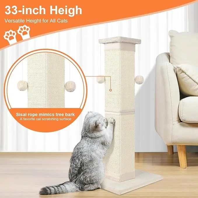 Hot Selling Factory Wholesale 33-inch Cat Scratching Post  Natural Sisal Fibers Sturdy Base, Easy Assembly Durable Design