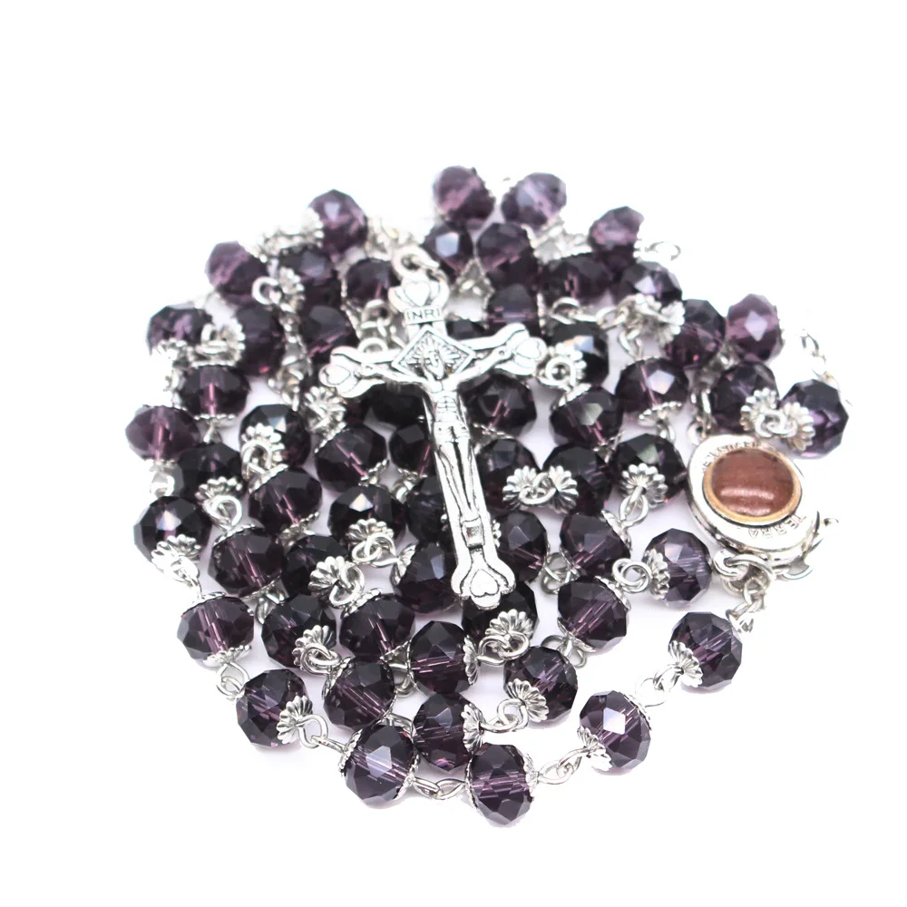 2022 Suyan Jewelry Factory Price Wholesale Crystal Maria Hold Cross Crucifix Pendant Christian Rosaries  Beads Rosary Necklace