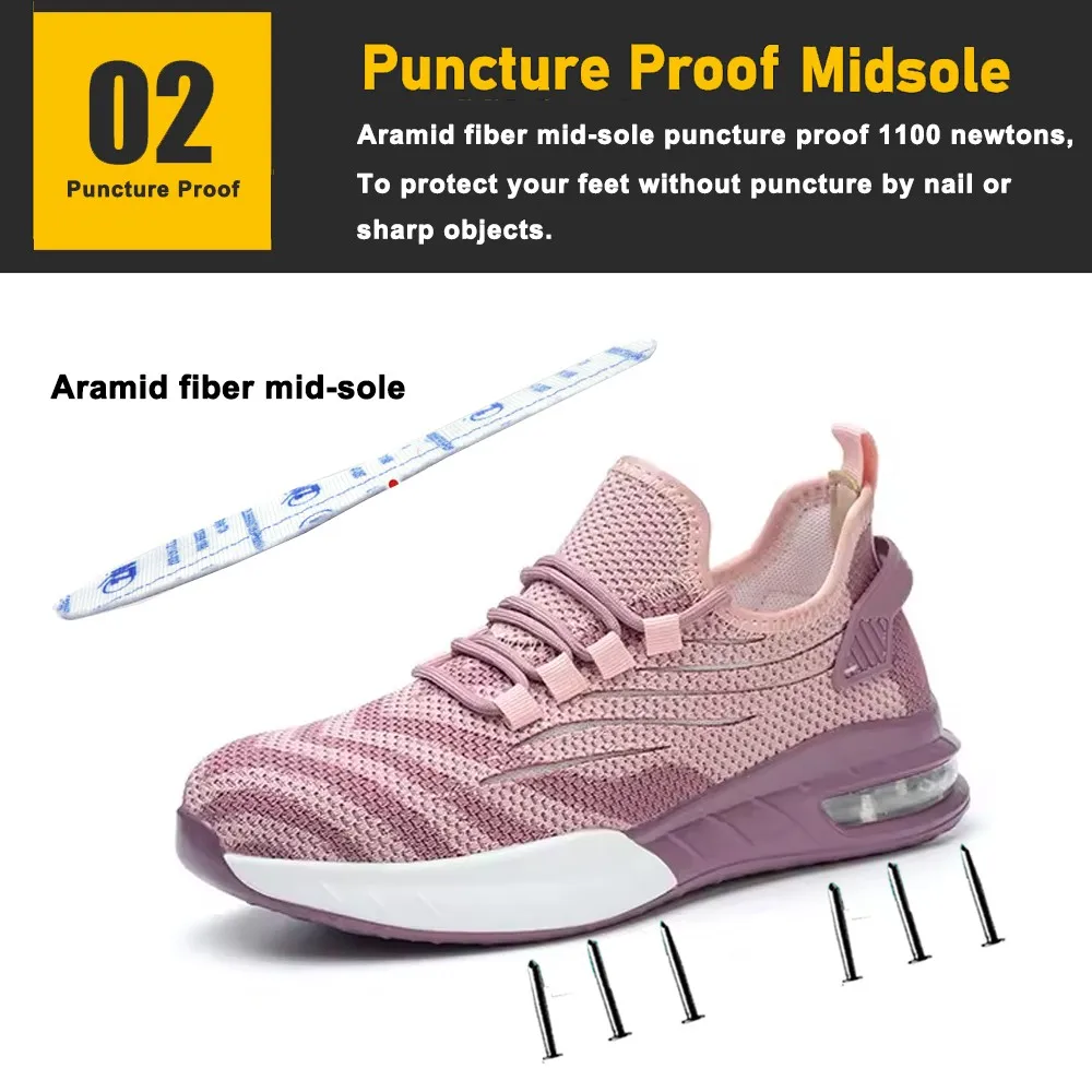 Tiger master air cushioned anti-smashing steel toe puncture proof light weight sport type safety shoes pink for women