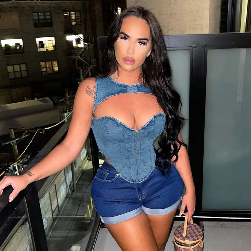 HANO Denim Hollow Women Tank Tops Single-Breasted Irregular Non-Stretch Summer Fashion Wild Streetwear Y2K Hipsters Vest