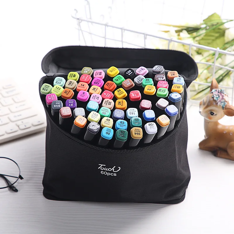Eurolucky Art Supplies Dual Tips Marker Pens  Carrying Case Double Head Marker For Drawing 60 Colors