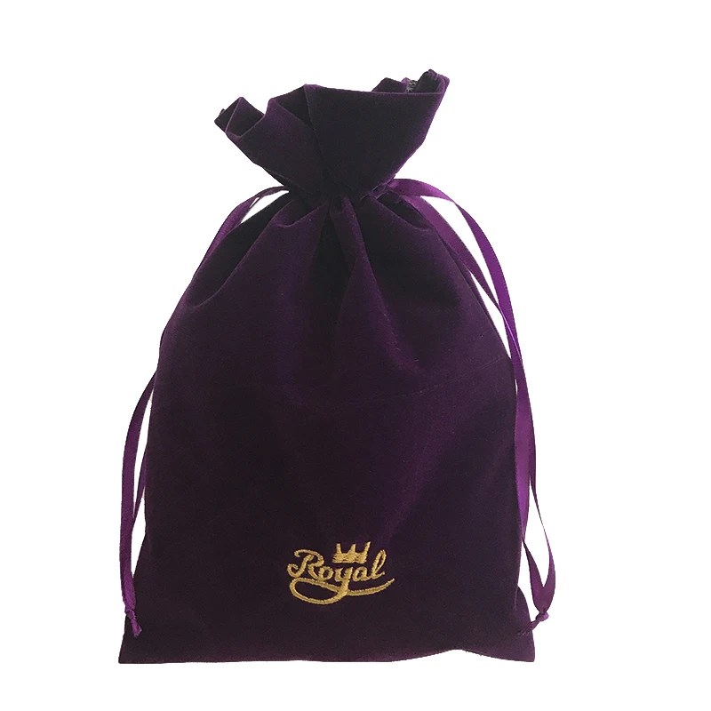 
Custom Embroidery Logo 20x30cm Purple drawstring velvet Gift Promotional Packaging Pouches bag with top ruffle 