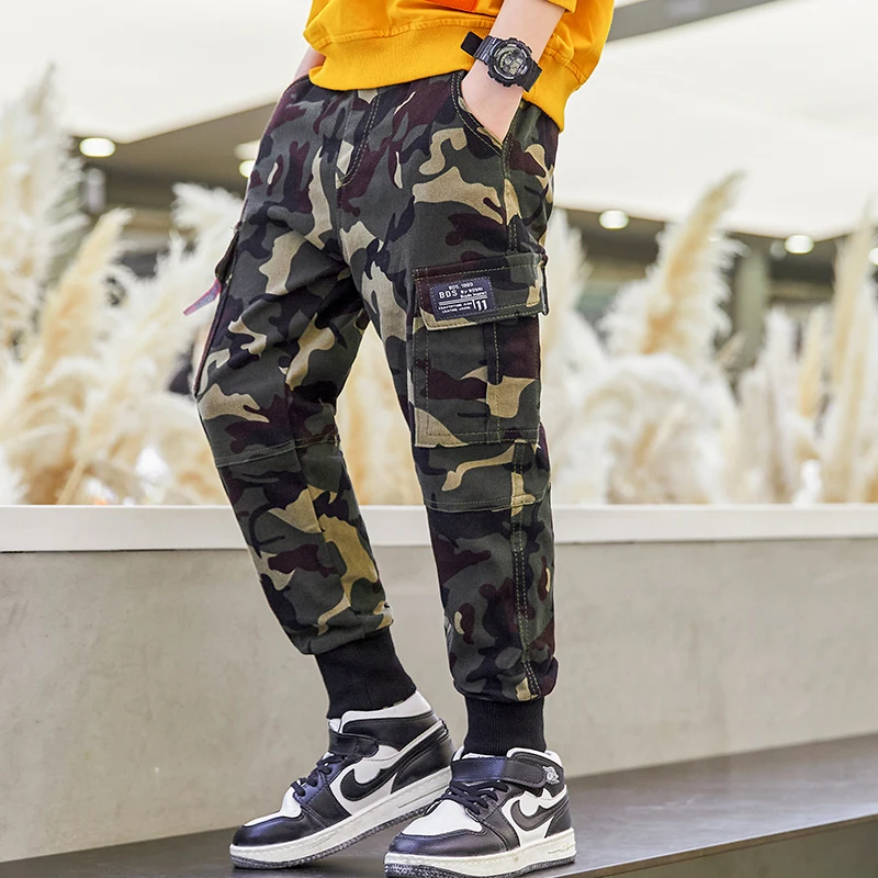 Factory price korean style printed Casual full length Stylish Camouflage kids boys pants cargo