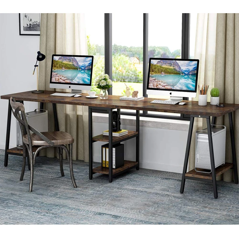 Новый дизайн L-образная металлическая рама 2 человека деревянный письменный стол с полкой для хранения