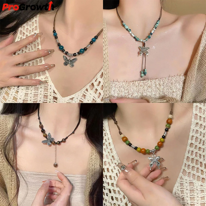 Chinese Ethnic Style Butterfly Necklace Vintage Ceramic Beads Chain Woven Sweater Necklace Tassel Pendant Trendy Jewelry Gifts