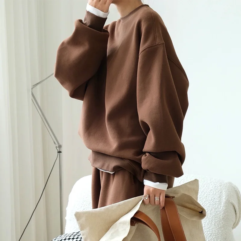 Autumn and winter new South Korea chic lazy simple plus fleece wool pullover hoodie design sense of loose top female thick
