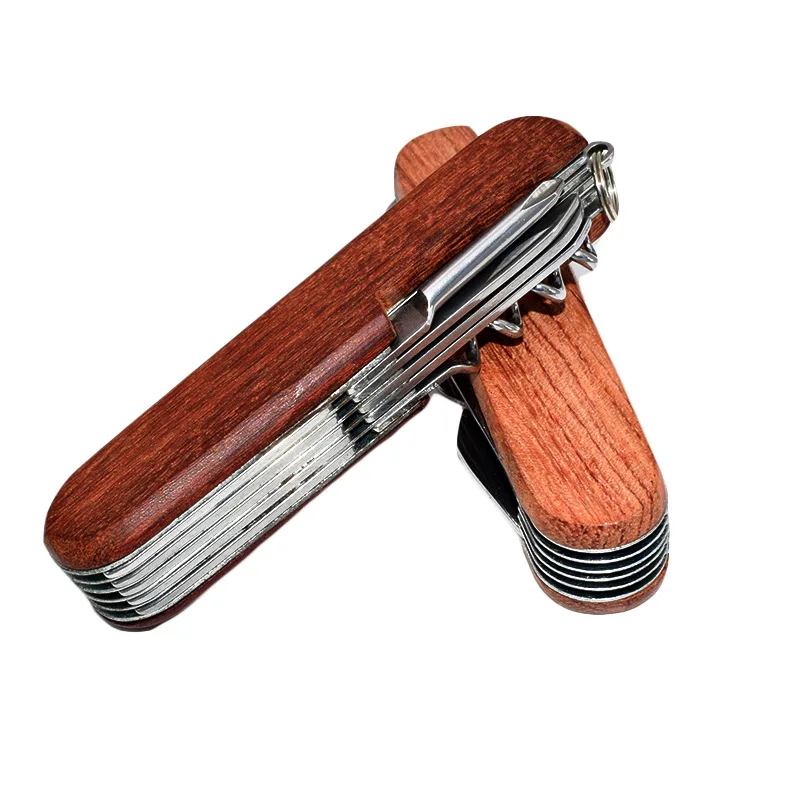 Stainless Steel pocket folding knife with wooden handle for 11 function tools