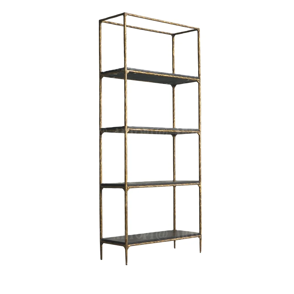 THADDEUS Wood Open Shelving Iron Metal and Wood Marble Living Room Hotel Book Shelf