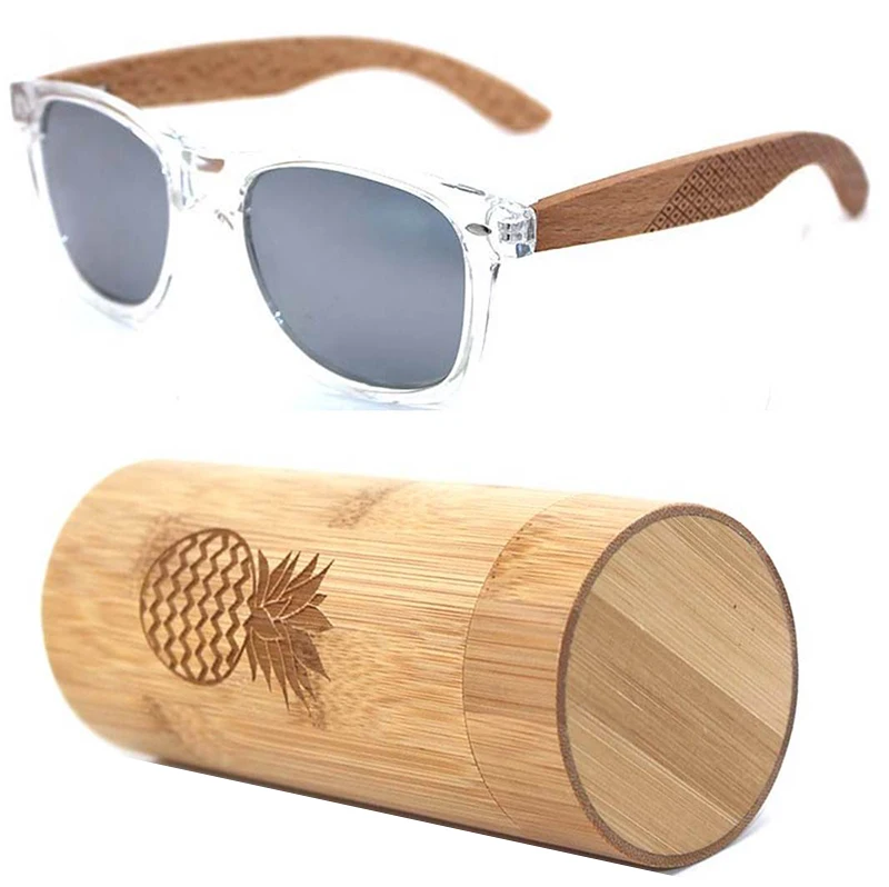 Transparent color plastic frame sunglasses original color bamboo wood legs pc sunglasses