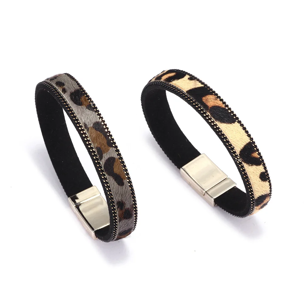 2019 New Fashion Punk Horse Hair Leopard Print Leather Cuff Bracelet Wristband Female Magnetic Clasps Wrap Bracelets for Women