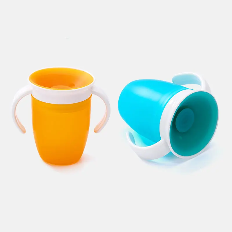 Double rotation handles silicone safety material miracle 360 degree leak-proof baby kids trainer water drinking cup bottle