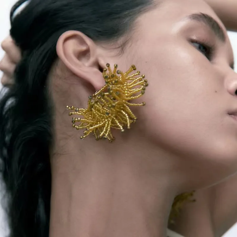 Women ZA Earrings Rice Seed Beaded Rice Beads Woven Hoop Charm Tassel Earrings