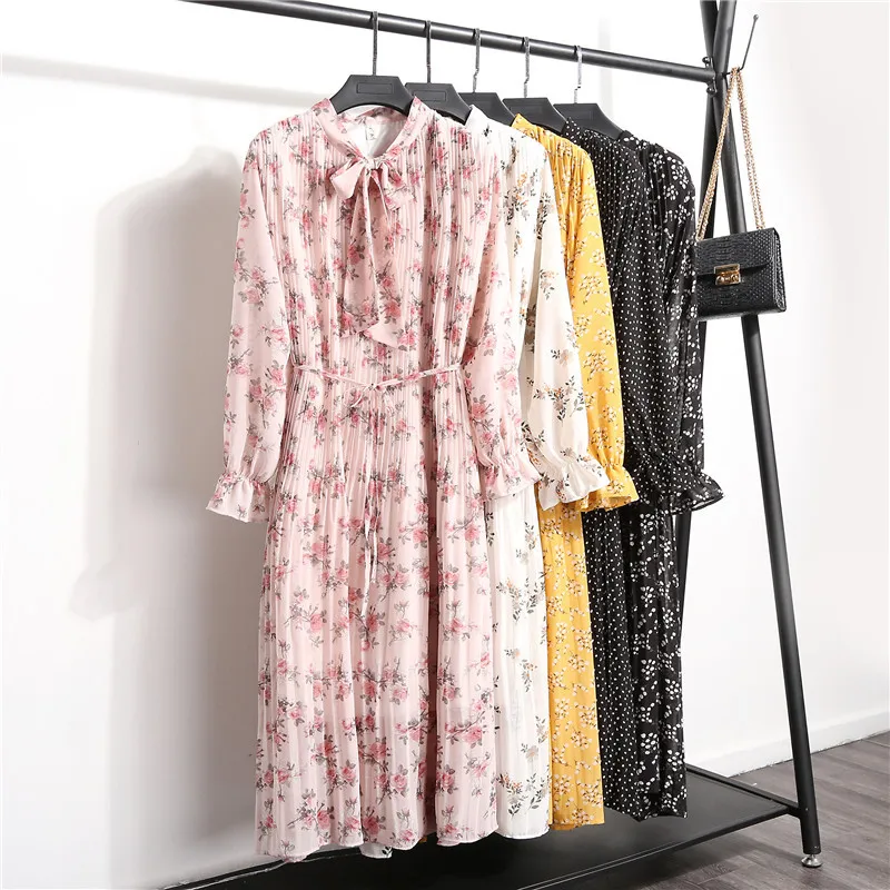 Korea elegant high quality long sleeves floral printed chiffon women dresses OC78