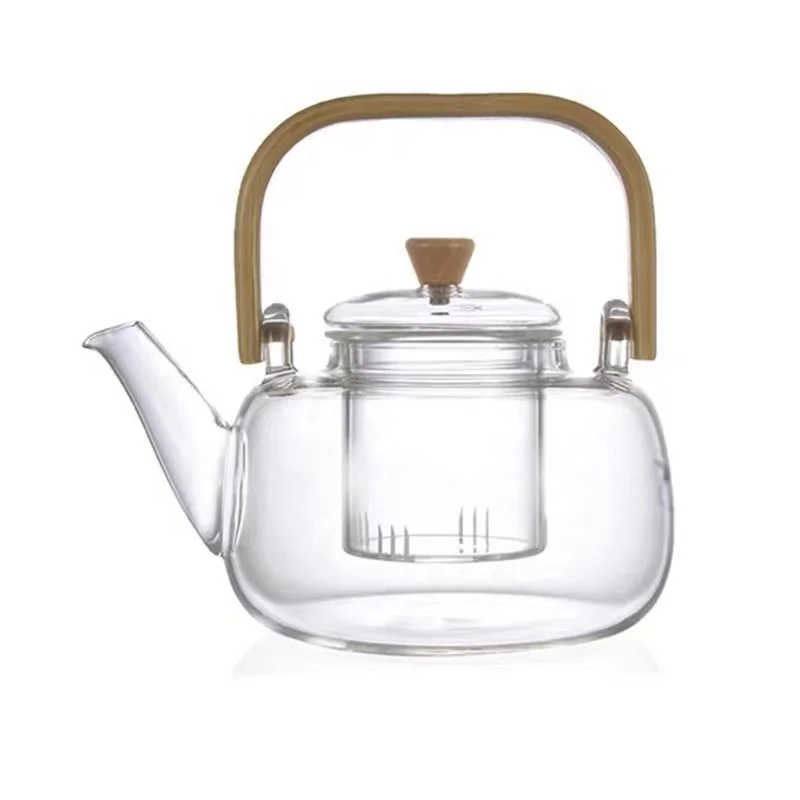 Wholesale Bamboo wood handle Borosilicate Glass Teapot  tea kettle pot boiling teapot heat-resistant