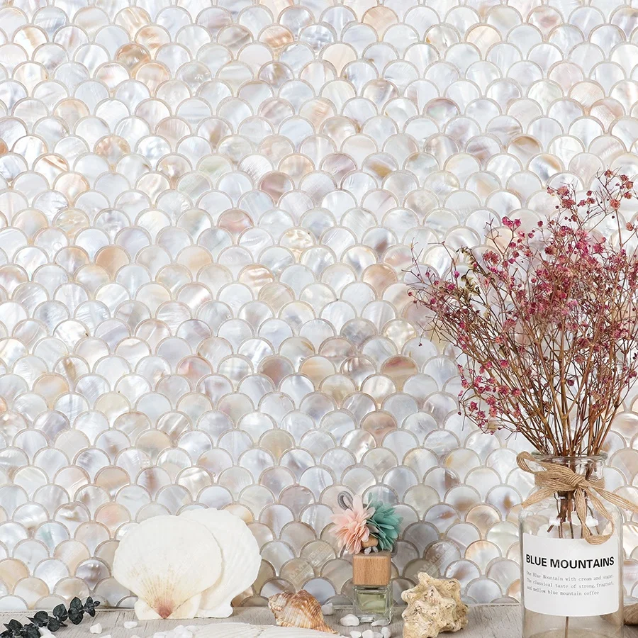 25mm Natural Iridescent Fan Shaped Shell Mother Of Pearl Mosaic Tile For Luxury Hotel Bathroom Living Room Wall Project