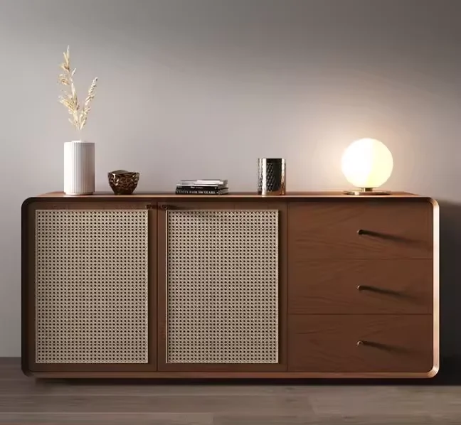 New stock arrival nordic style modern designs natural storage sideboard display wood living room rattan kitchen cabinet