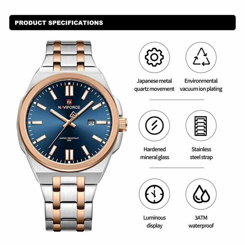 NAVIFORCE 9226 nf9226 Men Wristwatch Top Brand Rose Gold and Blue Face Male Watches Stainless Sport Luminous Date Clock Reloj