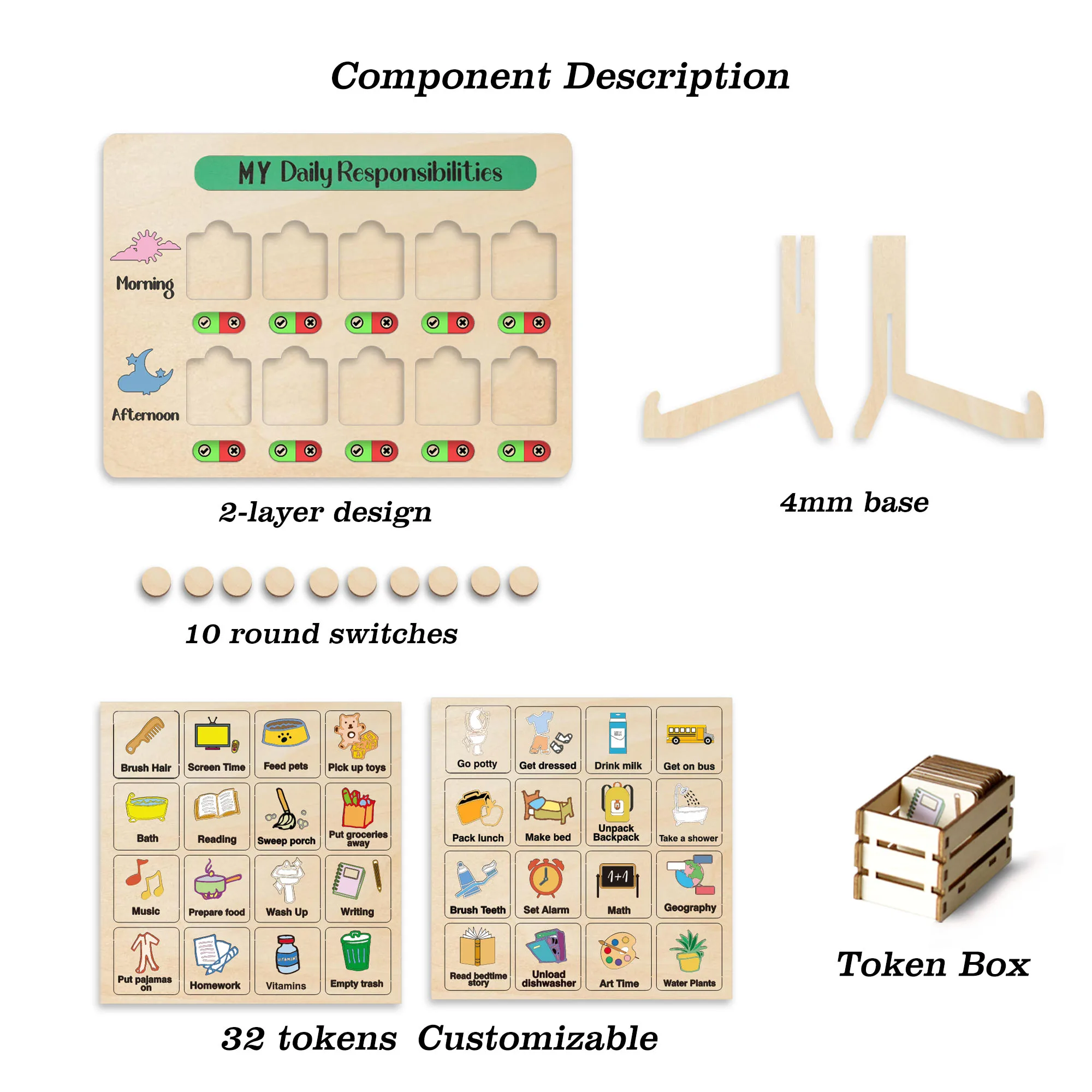 Reusable Daily Routine Organizer Board Interactive Chore Weekly Household Task Chart Wood Kids Responsibility Tracking